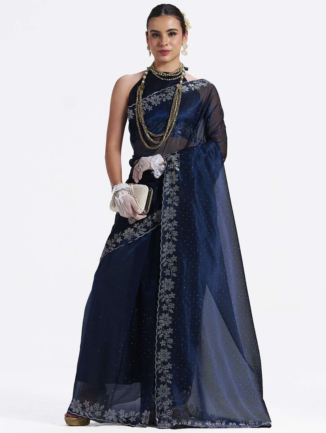 women solid with work embellished saree with blouse