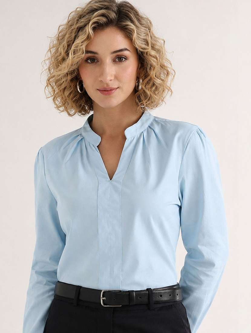 women solid mandarin neck regular top