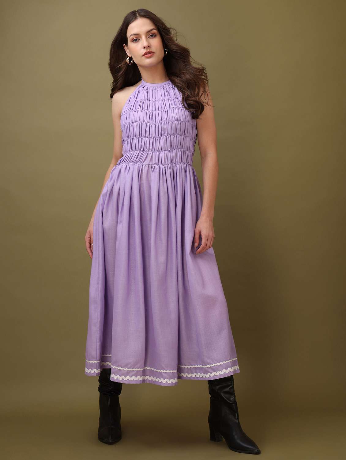 women solid halter neck fit and flare dress