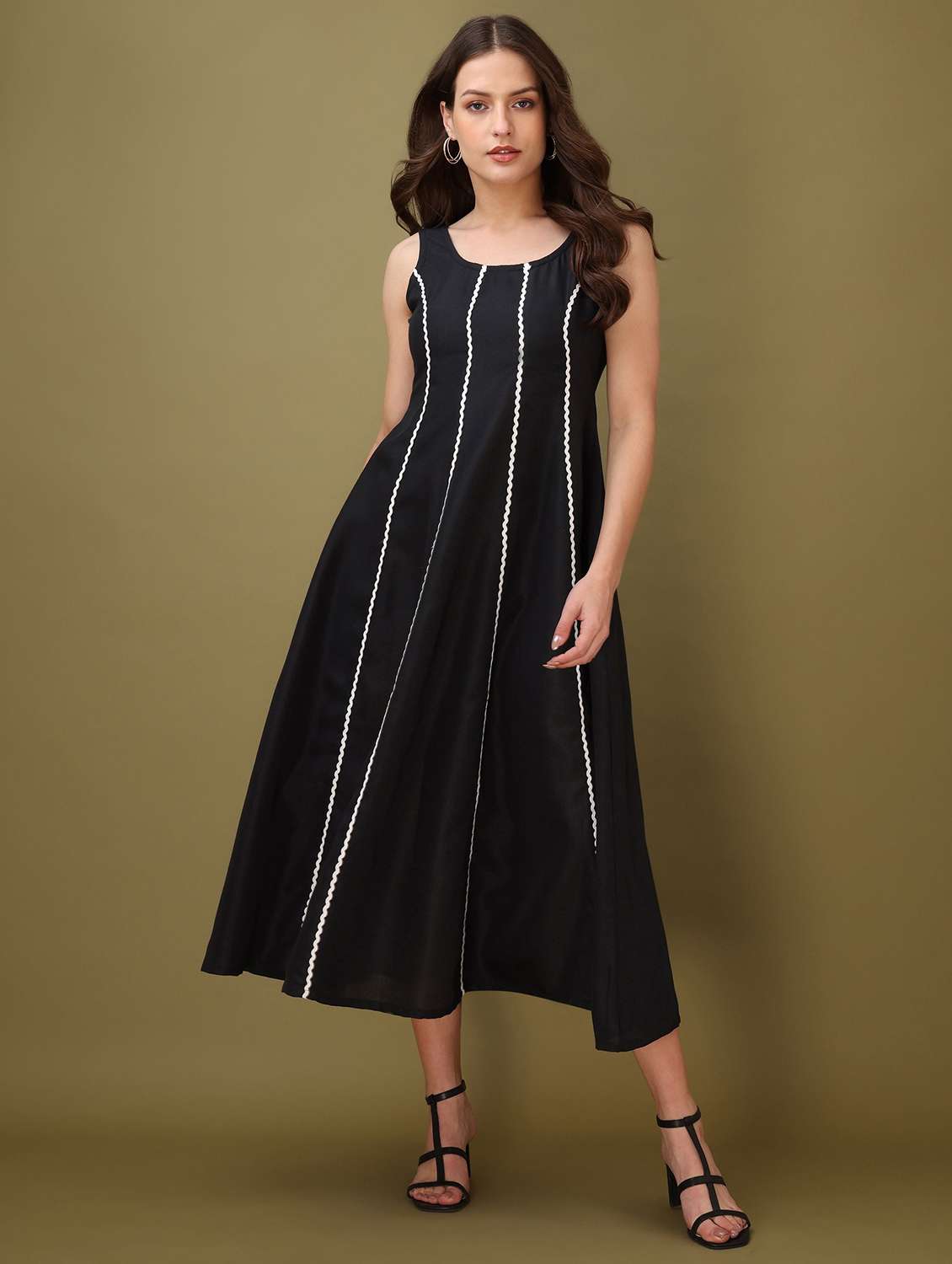 women solid with work round neck fit and flare dress