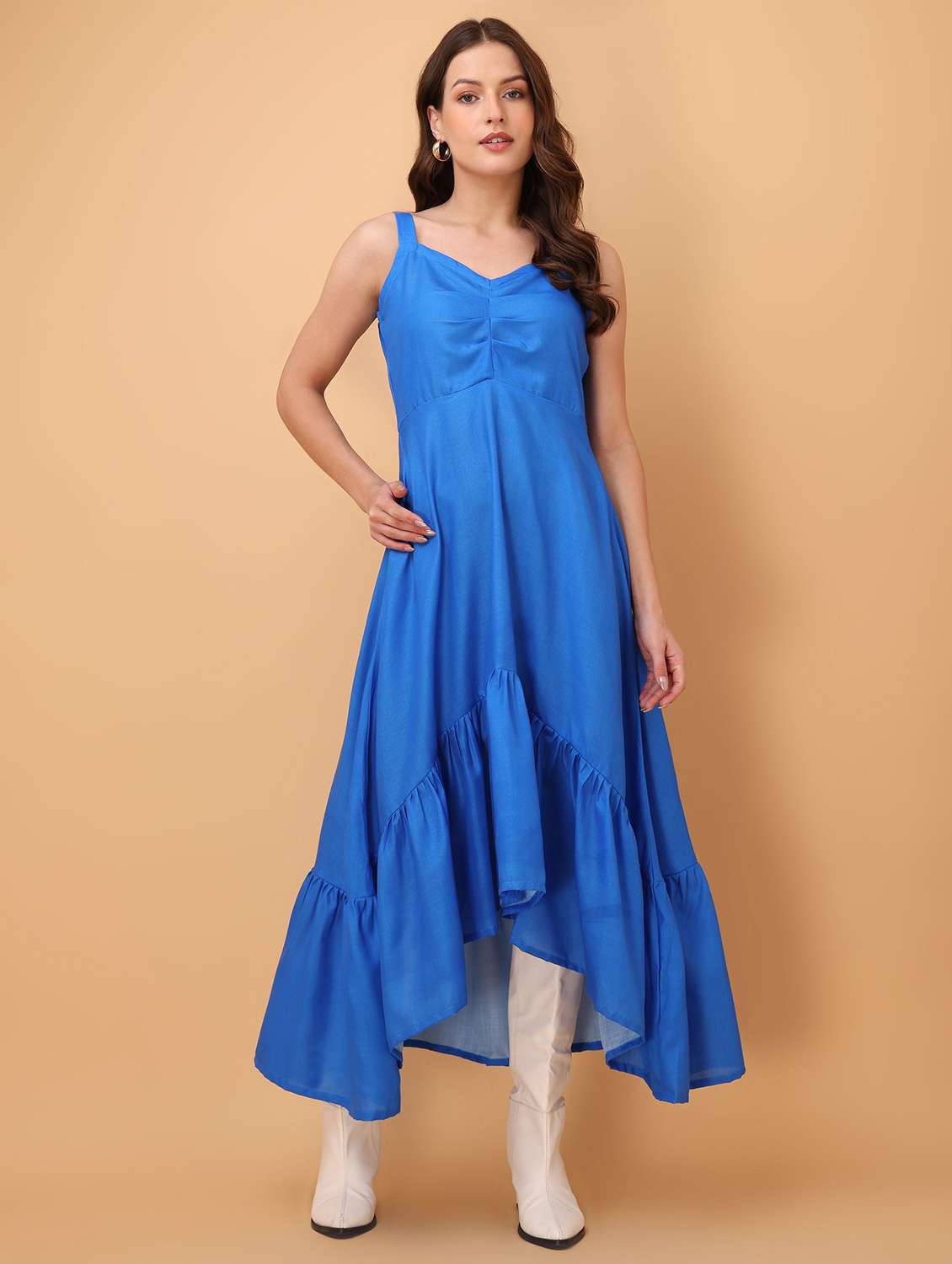 women solid shoulder strap high low dress