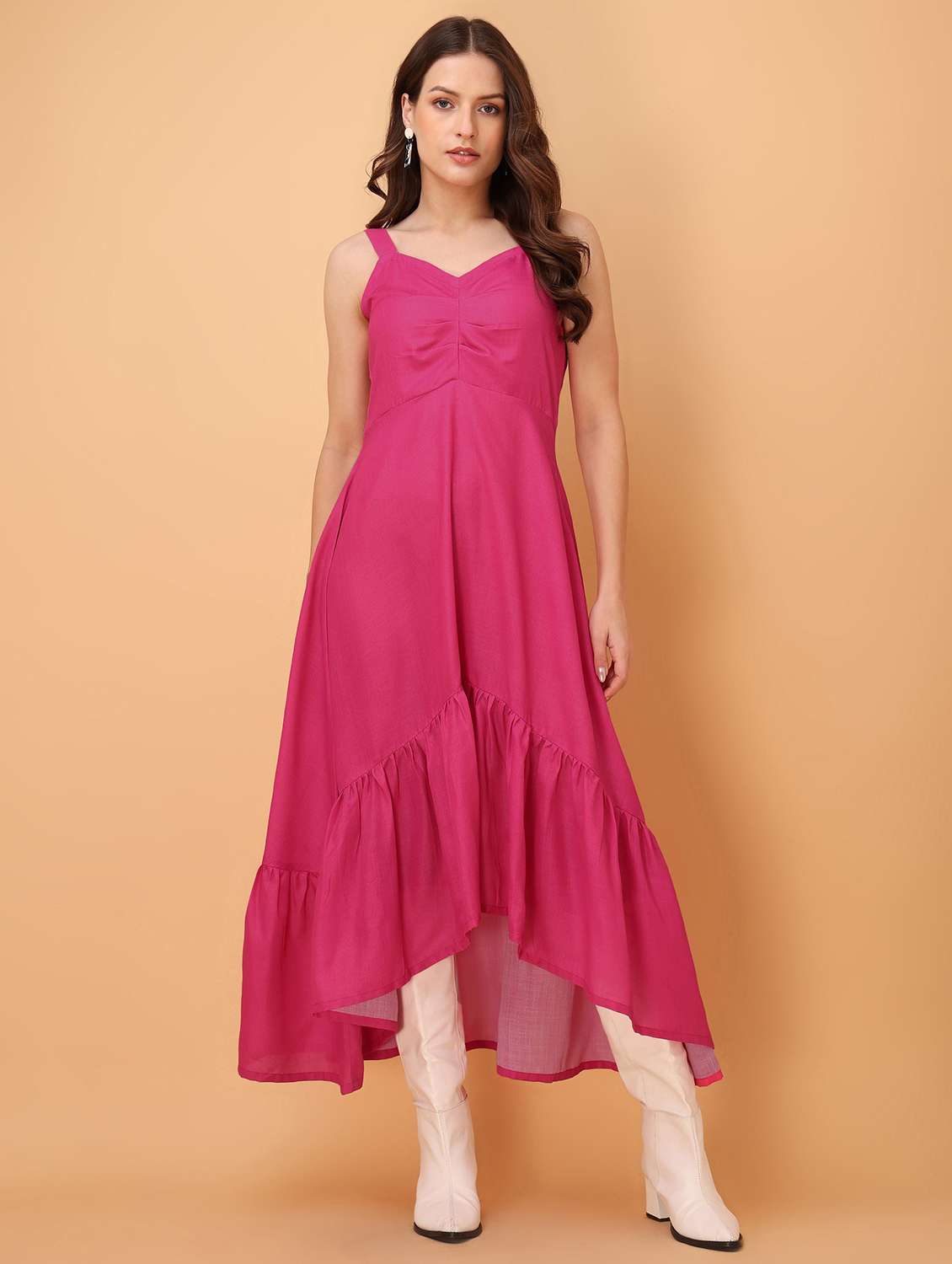 women solid shoulder strap high low dress