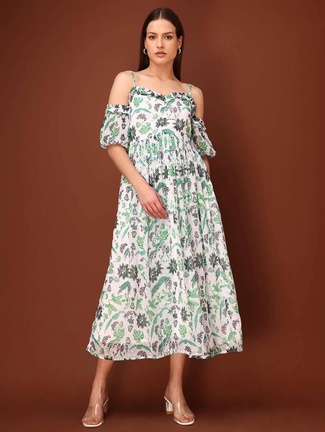 women printed cold shoulder fit and flare dress