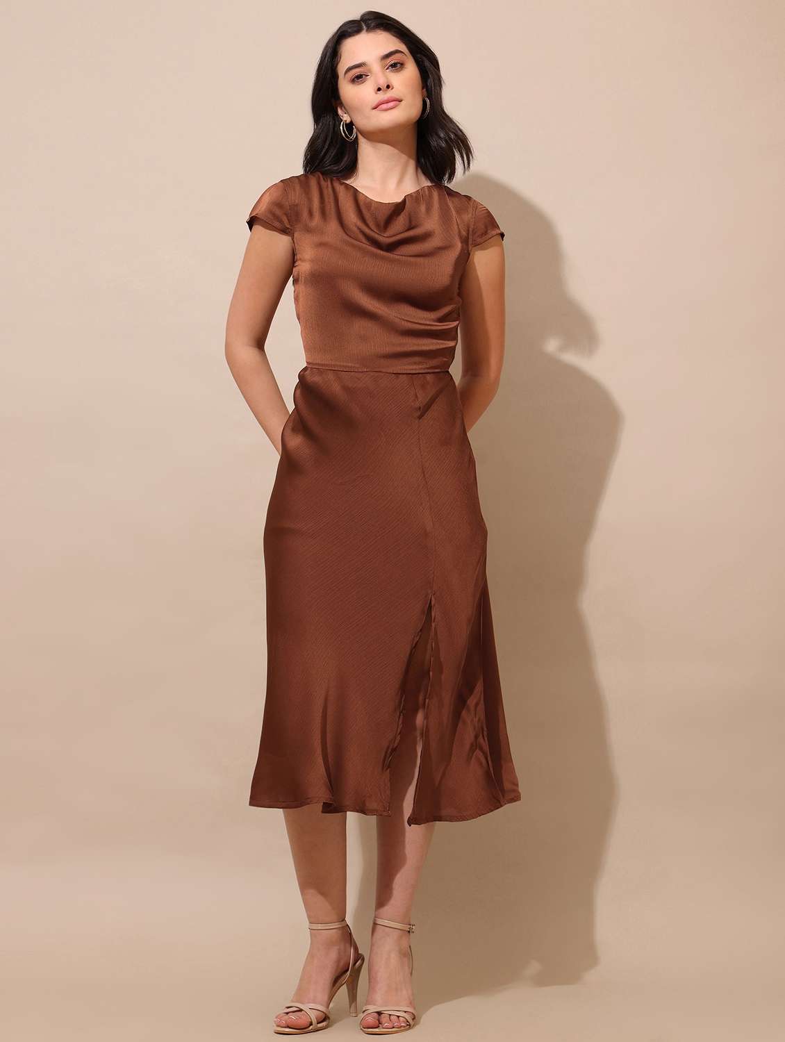 women solid cap sleeves fit and flare dress