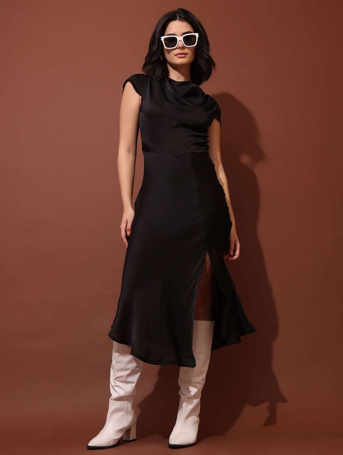 women solid cap sleeves fit and flare dress