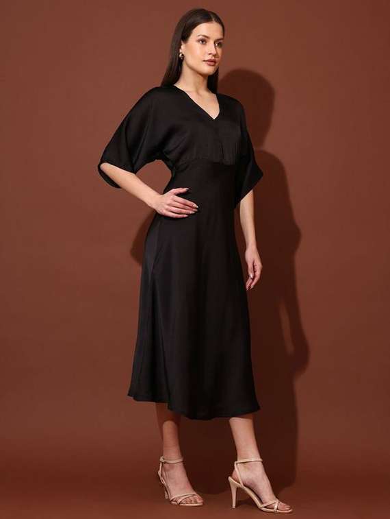 women solid v neck fit and flare dress - 22541078 -  Standard Image - 3