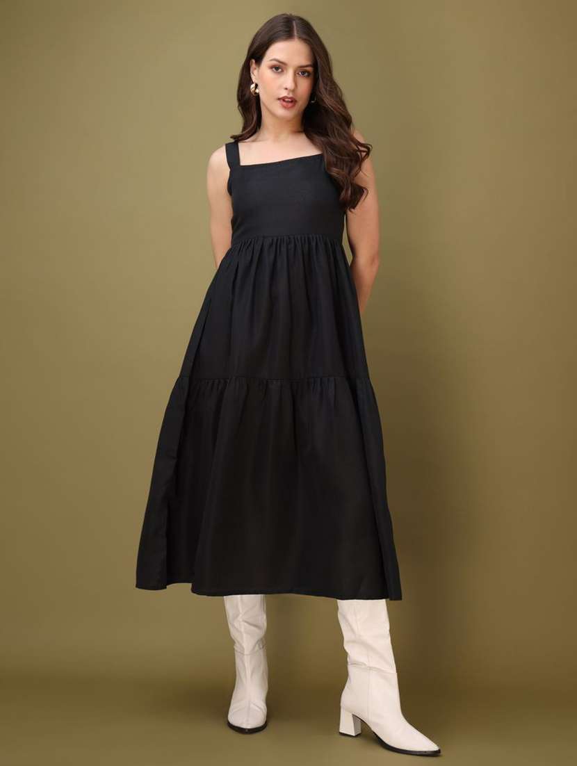 women solid shoulder strap tiered dress