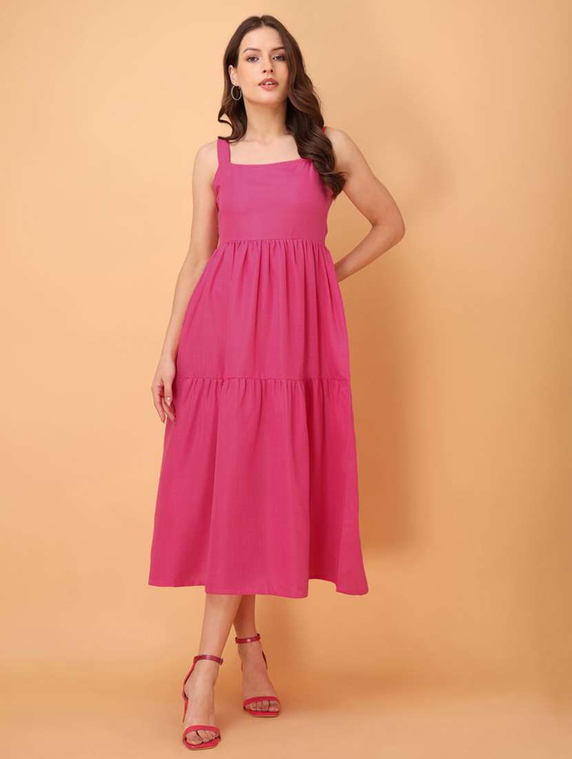 women solid shoulder strap tiered dress