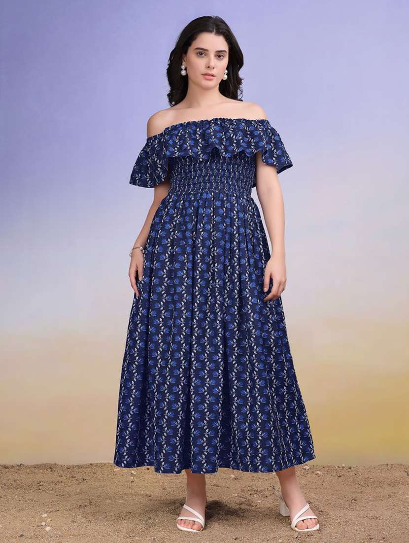 women printed off shoulder fit and flare dress - 22541113 -  Standard Image - 3