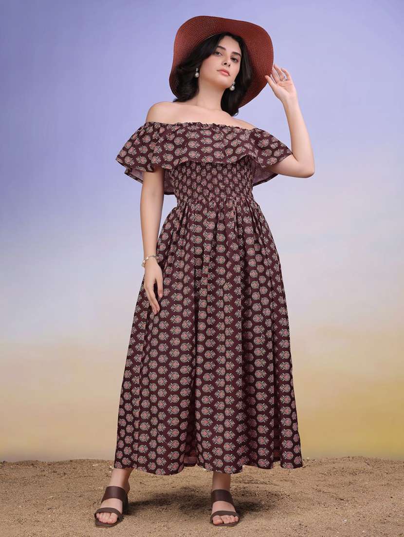 women printed off shoulder fit and flare dress