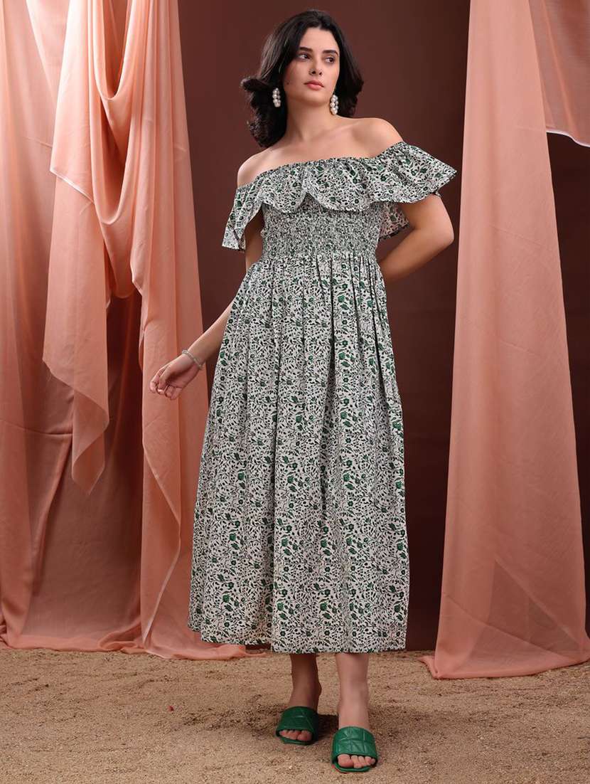 women printed off shoulder fit and flare dress