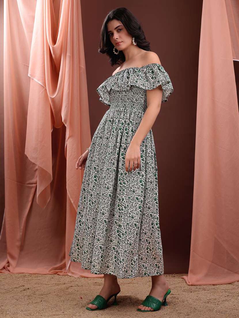 women printed off shoulder fit and flare dress - 22541116 -  Standard Image - 3