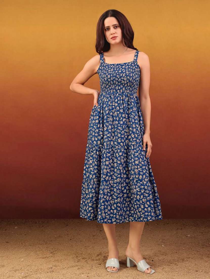 women printed shoulder strap tiered dress