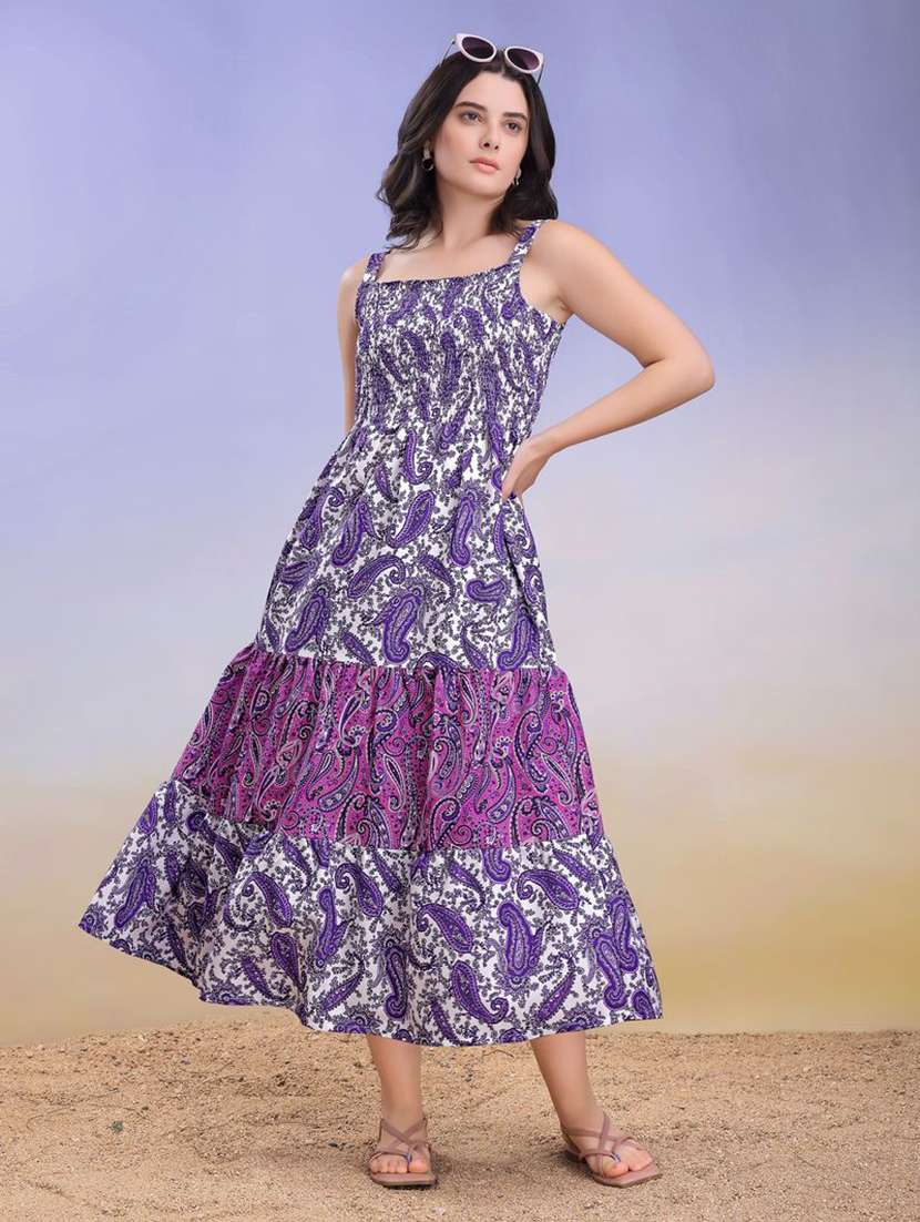 women printed shoulder strap tiered dress