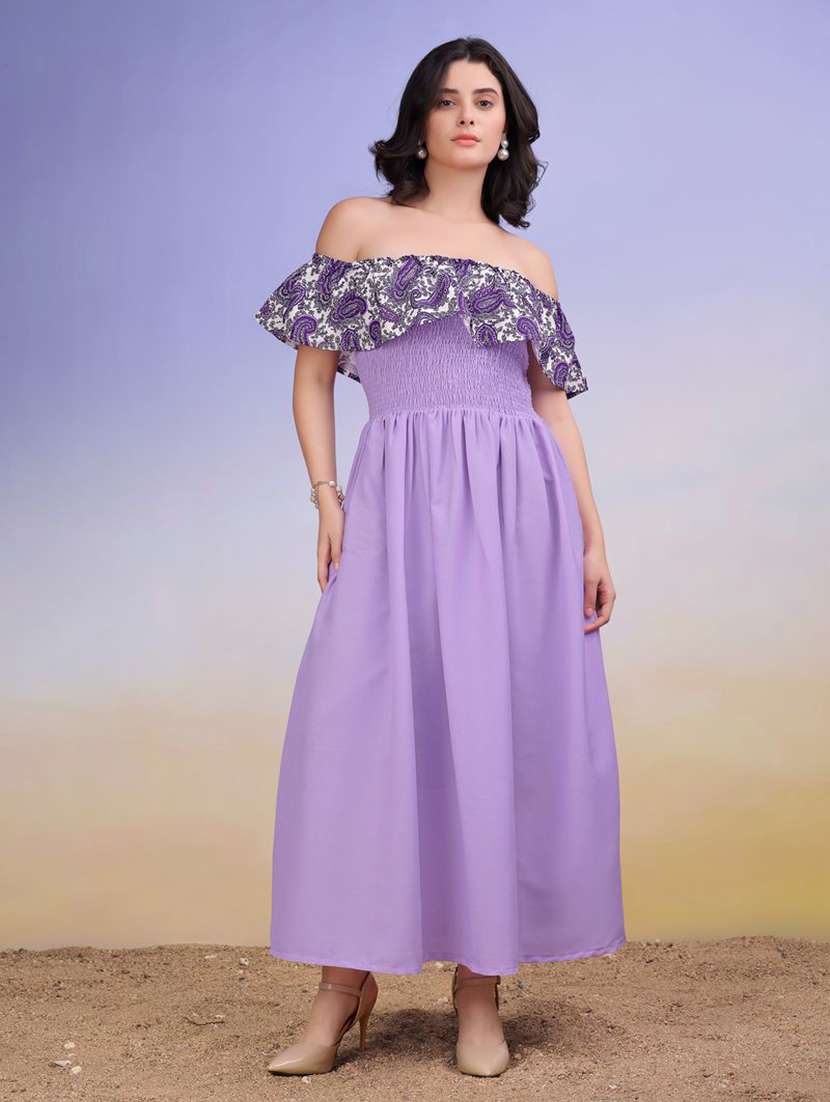 women printed off shoulder fit and flare dress