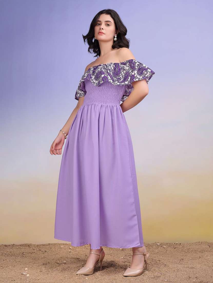 women printed off shoulder fit and flare dress - 22541144 -  Standard Image - 3