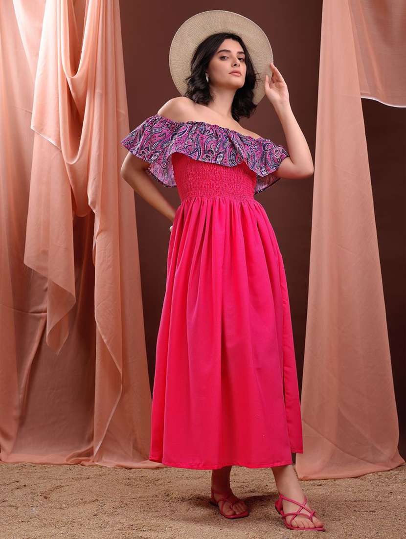 women printed off shoulder fit and flare dress