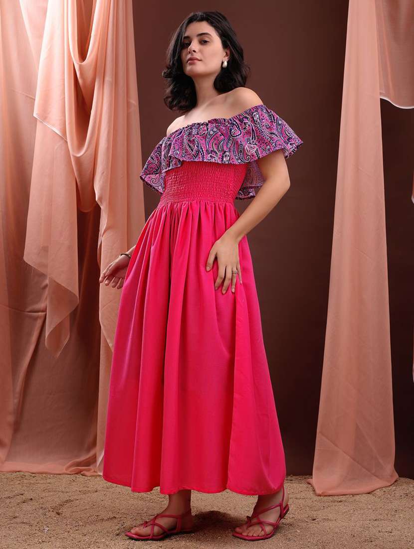 women printed off shoulder fit and flare dress - 22541145 -  Standard Image - 3
