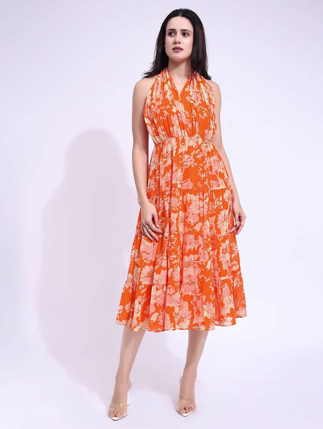 women printed halter neck tiered dress