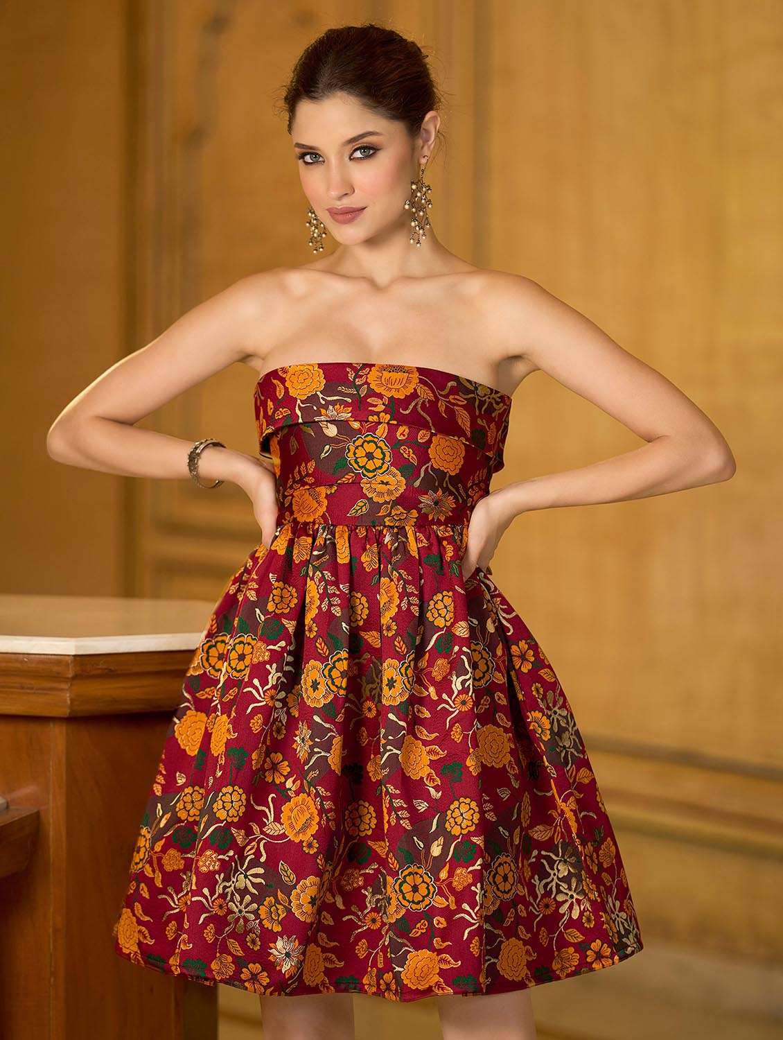 women printed off shoulder fit and flare dress