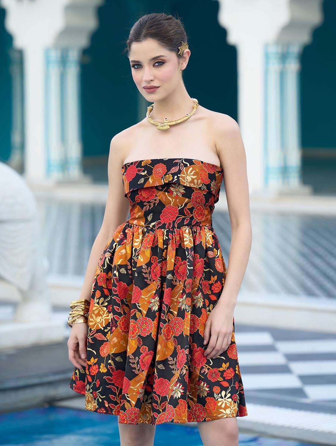 women printed off shoulder fit and flare dress