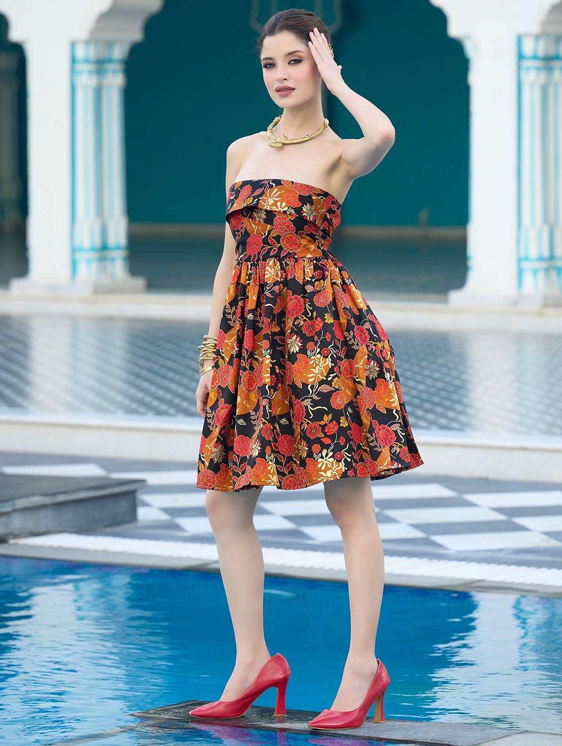 women printed off shoulder fit and flare dress - 22541177 -  Standard Image - 3