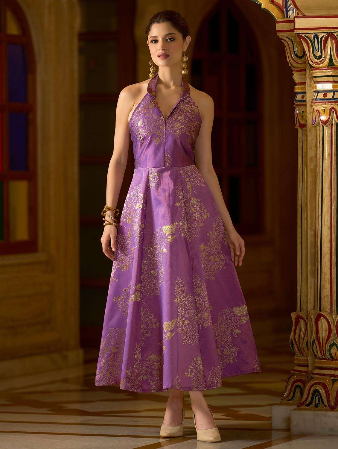 women self design halter neck fit and flare dress