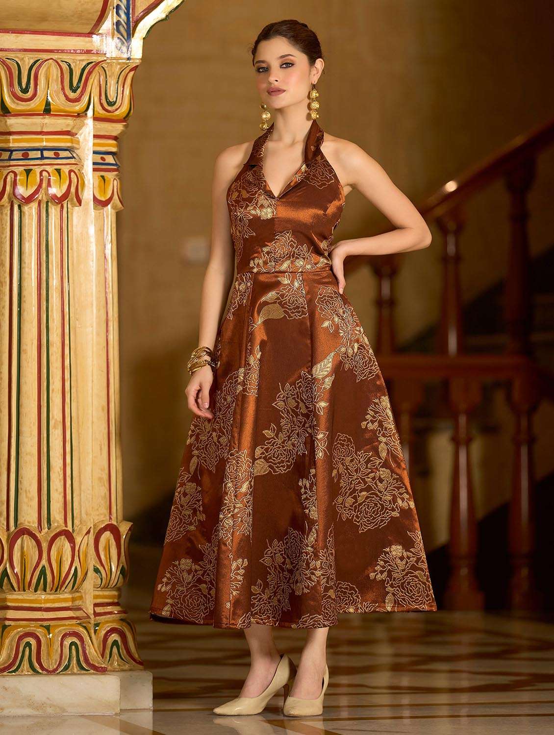 women self design halter neck fit and flare dress