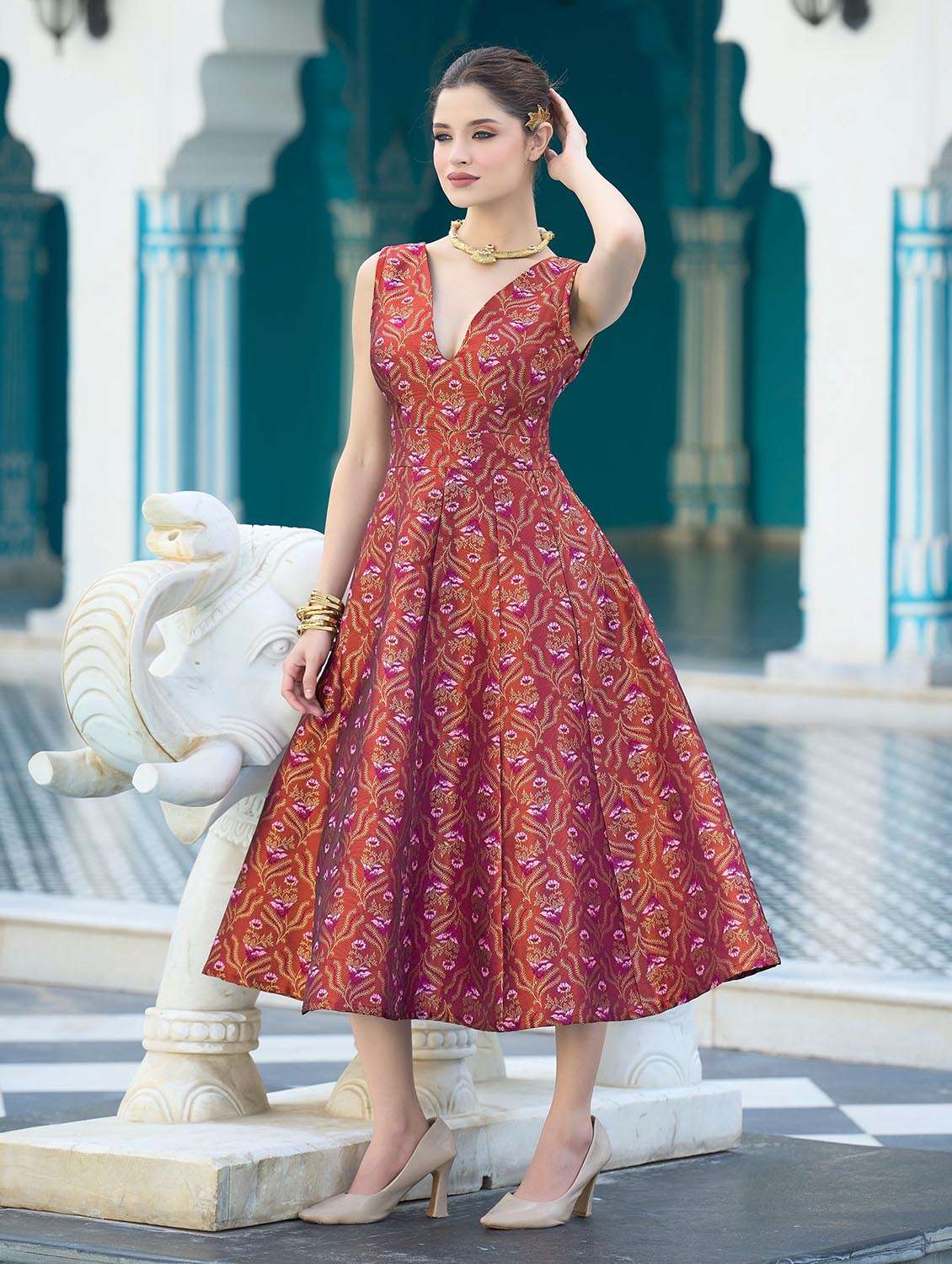 women self design v neck fit and flare dress - 22541183 -  Standard Image - 3