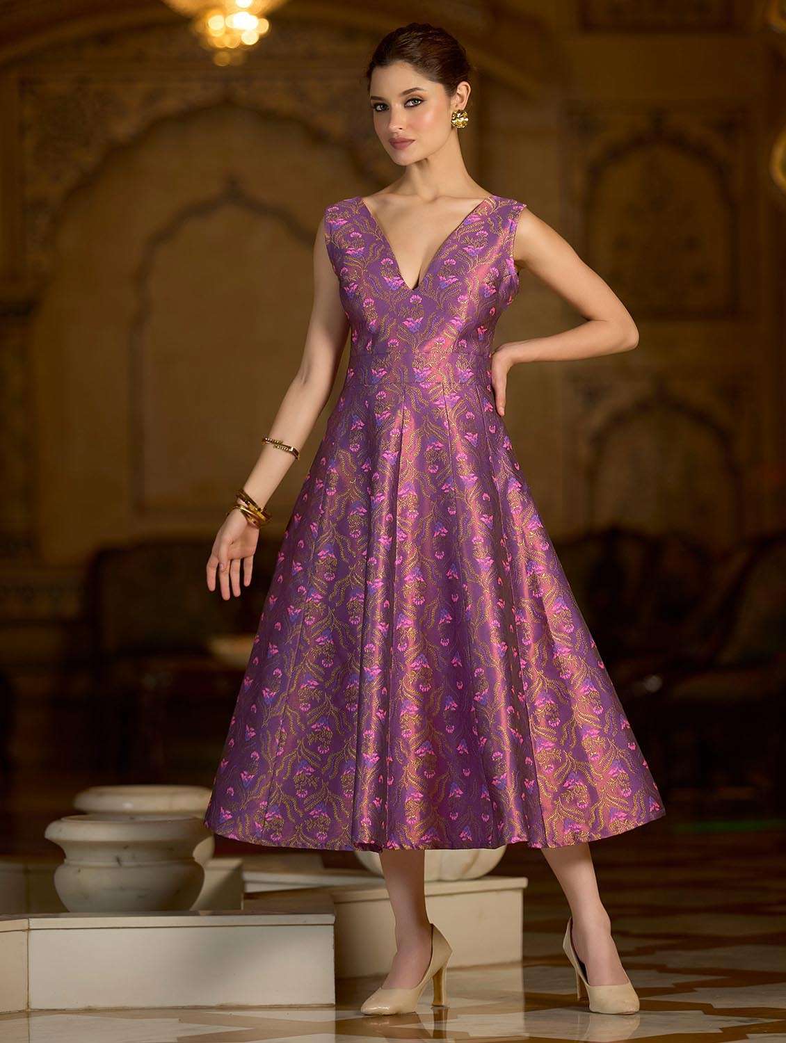 women self design v neck fit and flare dress