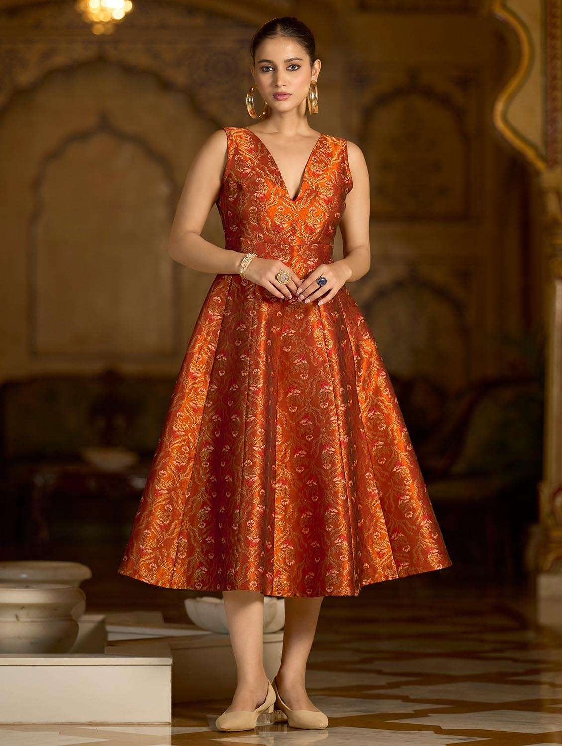 women self design v neck fit and flare dress