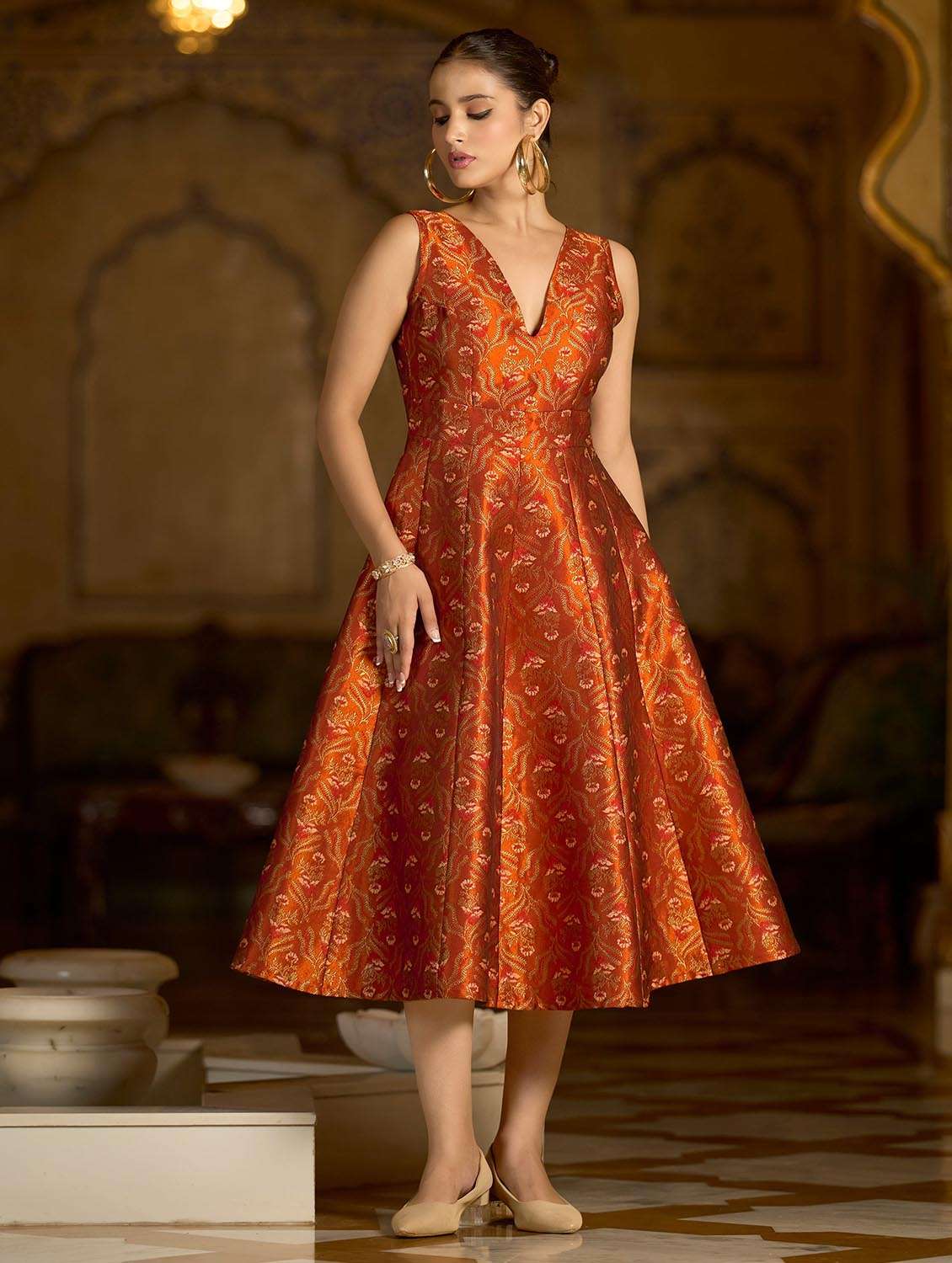 women self design v neck fit and flare dress - 22541185 -  Standard Image - 3