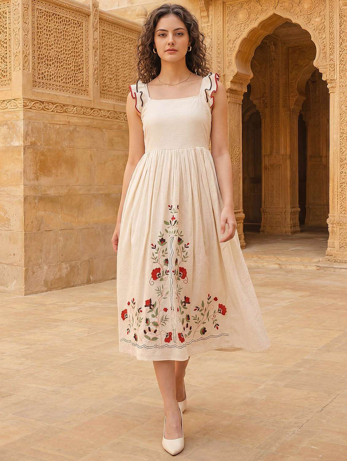women printed sleeveless fit and flare dress