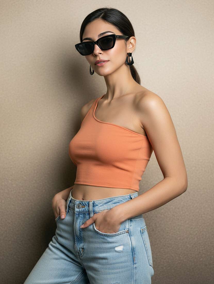 women solid single shoulder crop top