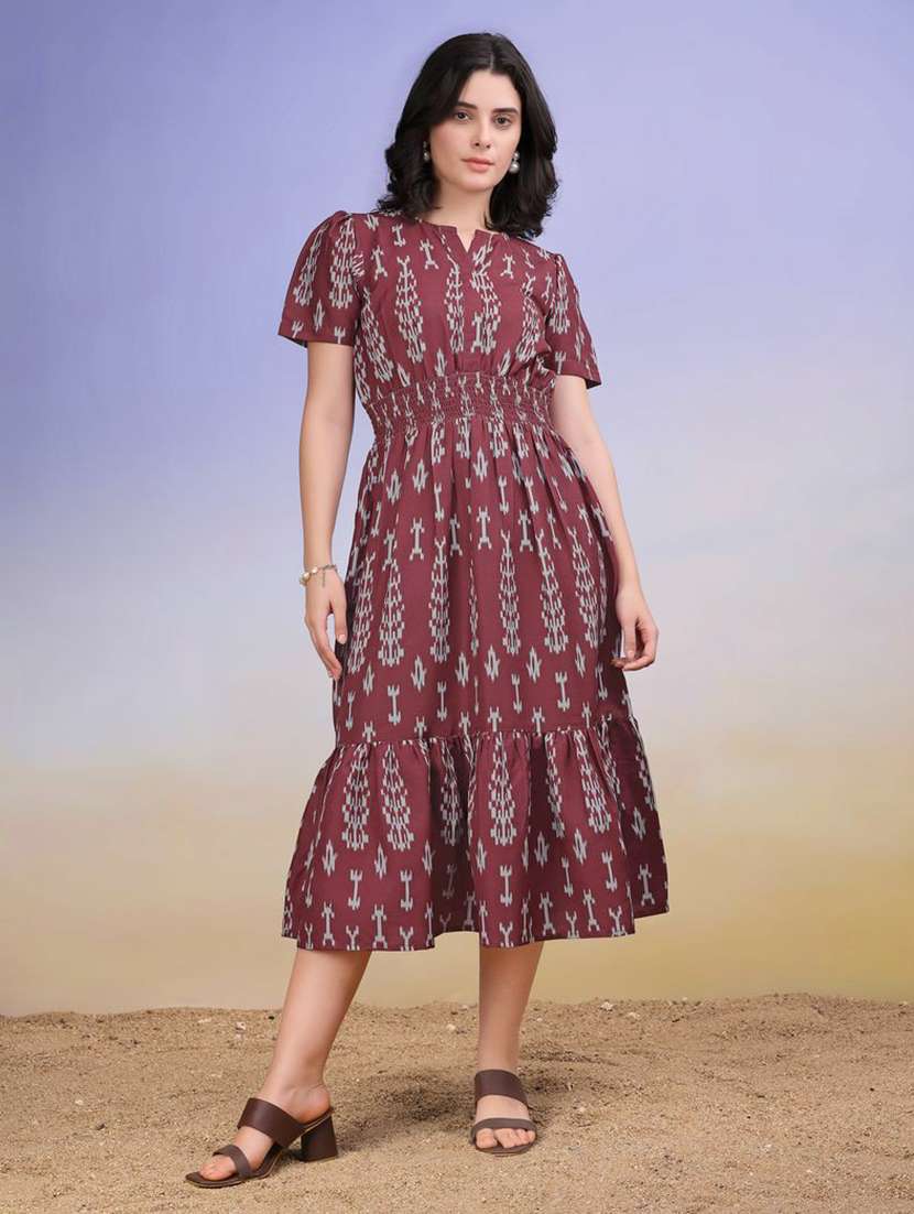 women printed notch neck tiered dress