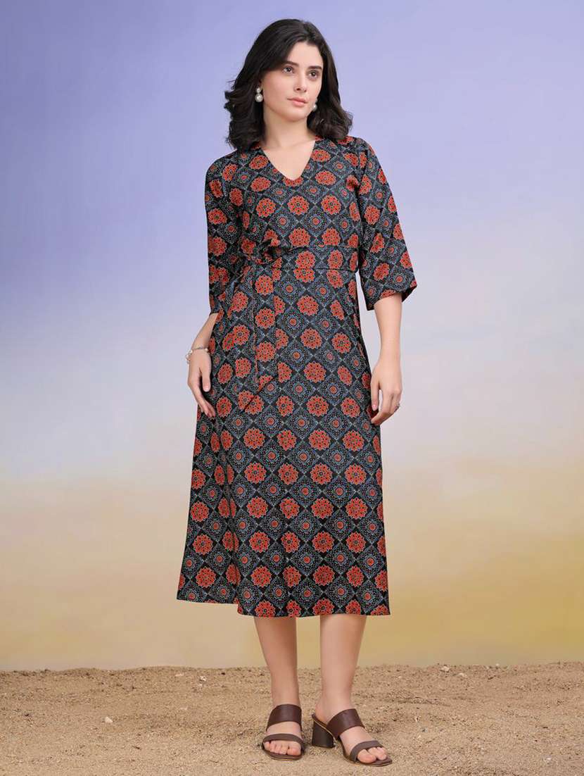 women printed v neck a-line dress