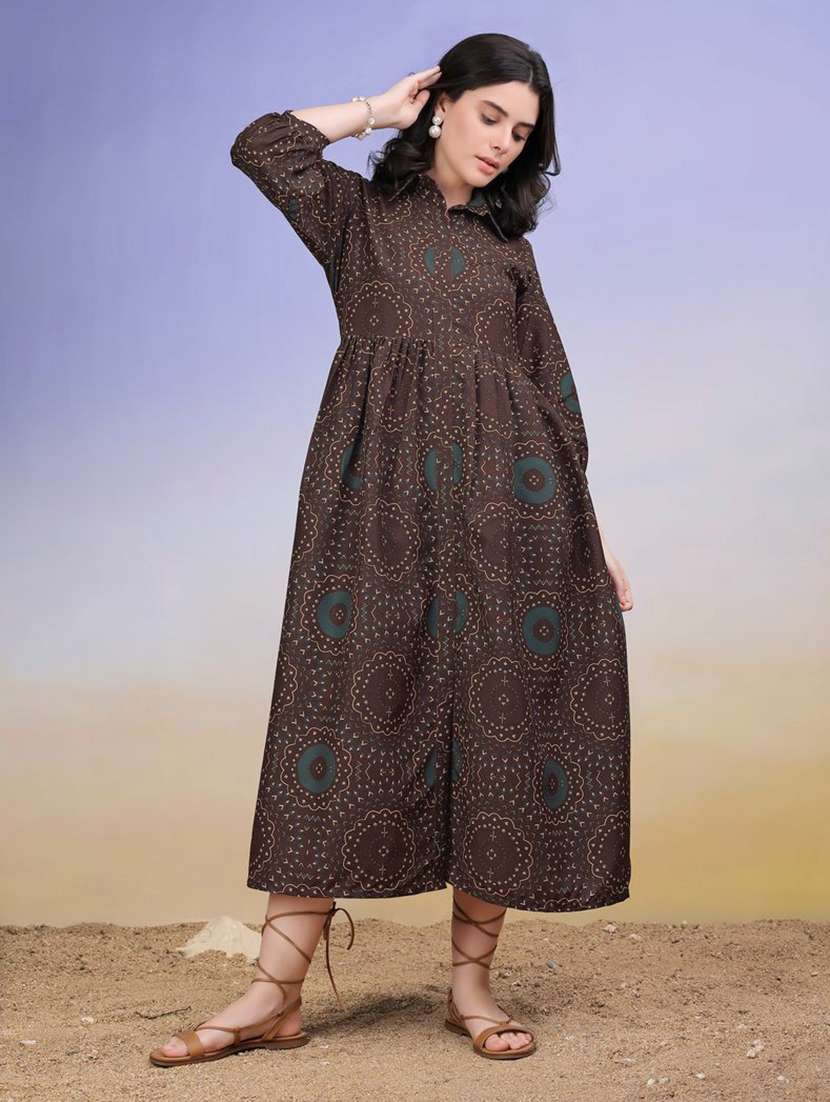 women printed collared fit and flare dress - 22541238 -  Standard Image - 3