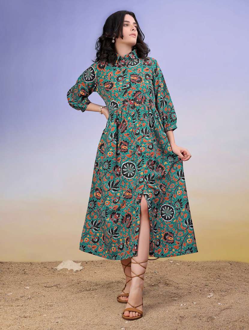 women printed collared fit and flare dress