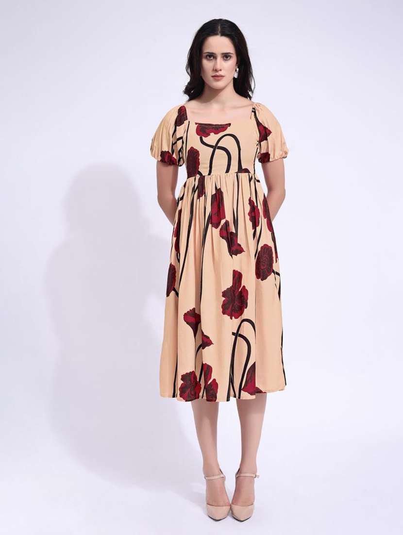 women printed square neck fit and flare dress