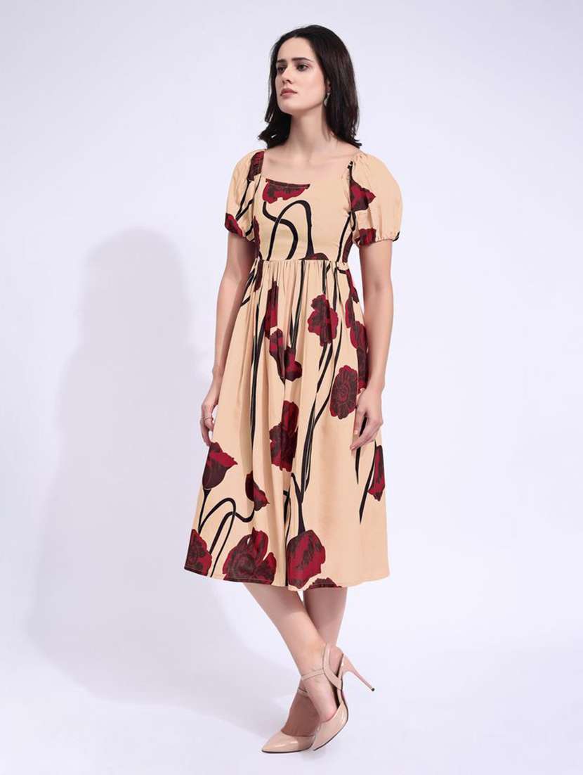 women printed square neck fit and flare dress - 22541261 -  Standard Image - 3