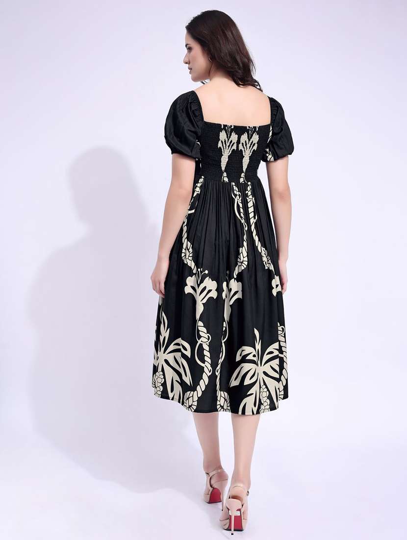 women printed puff sleeve fit & flare dress - 22541264 -  Standard Image - 3
