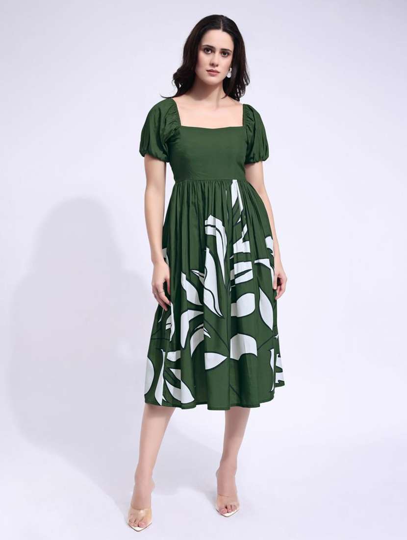 women printed square neck fit and flare dress