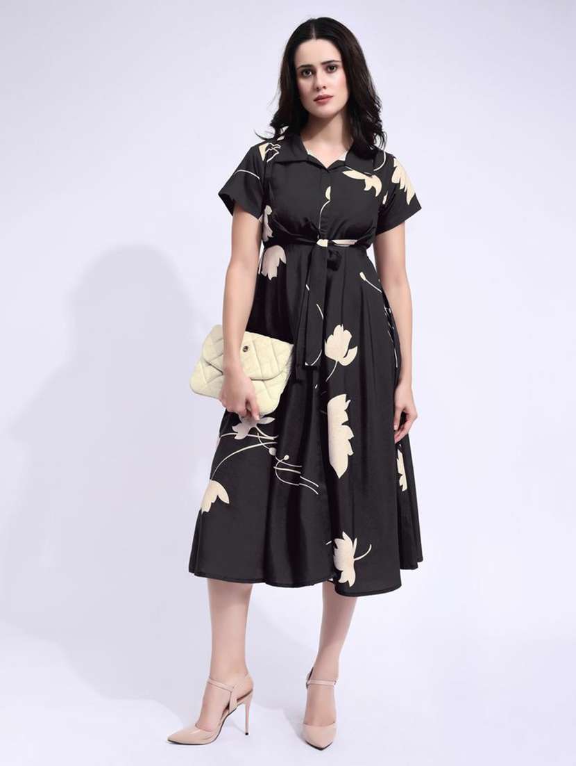women printed collared fit and flare dress