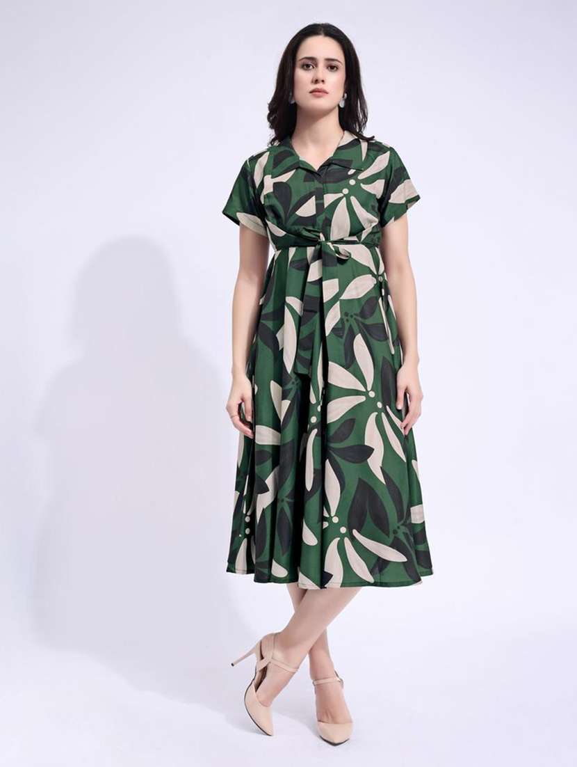 women printed collared fit and flare dress