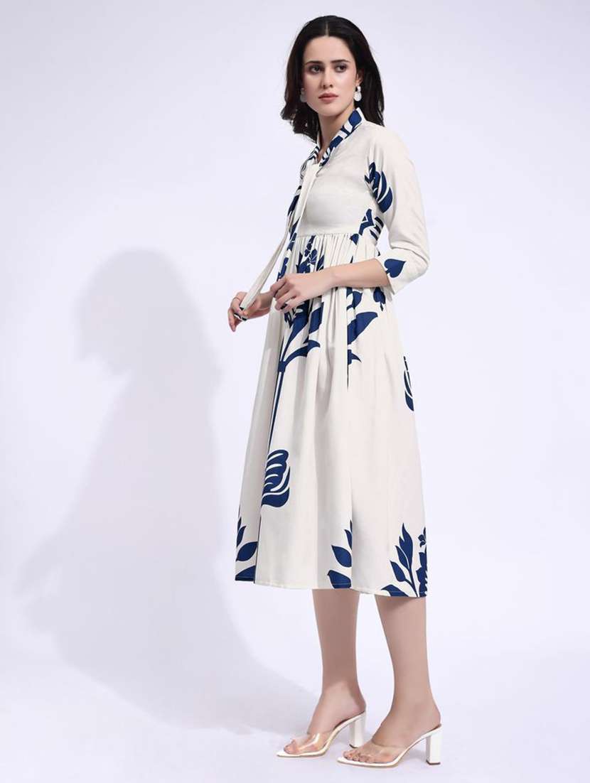women printed tie up neck fit and flare dress - 22541271 -  Standard Image - 3