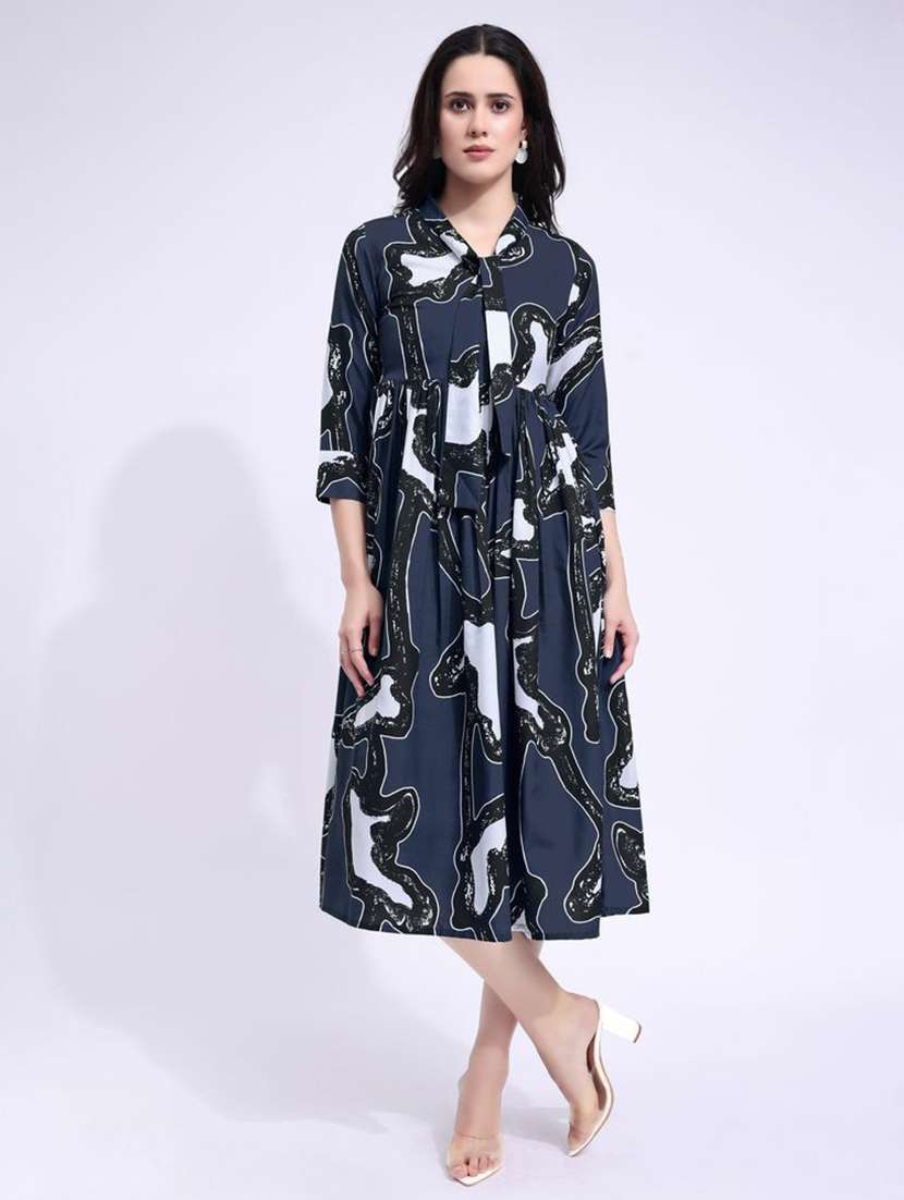 women printed tie up neck fit and flare dress