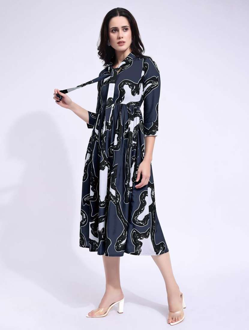 women printed tie up neck fit and flare dress - 22541273 -  Standard Image - 3