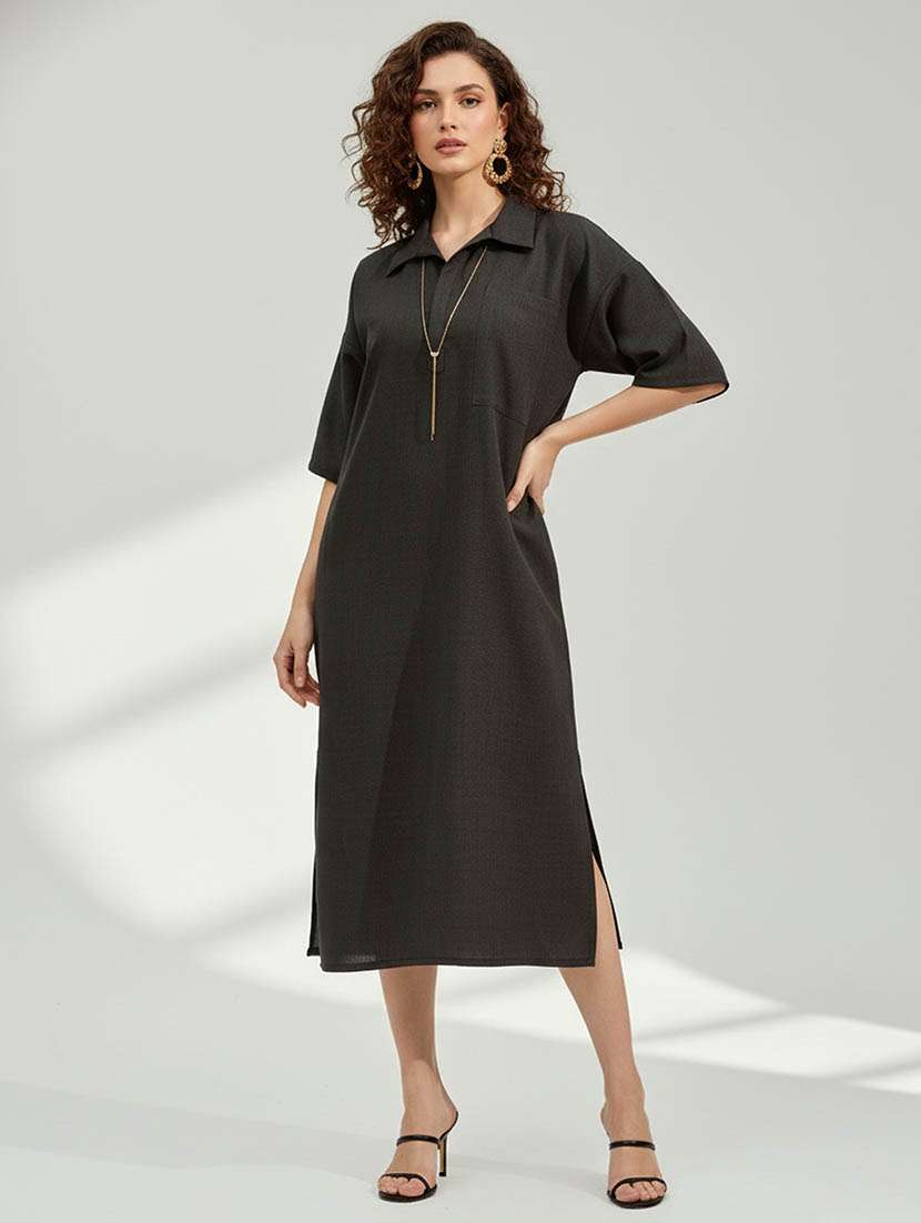 women solid collared shift dress