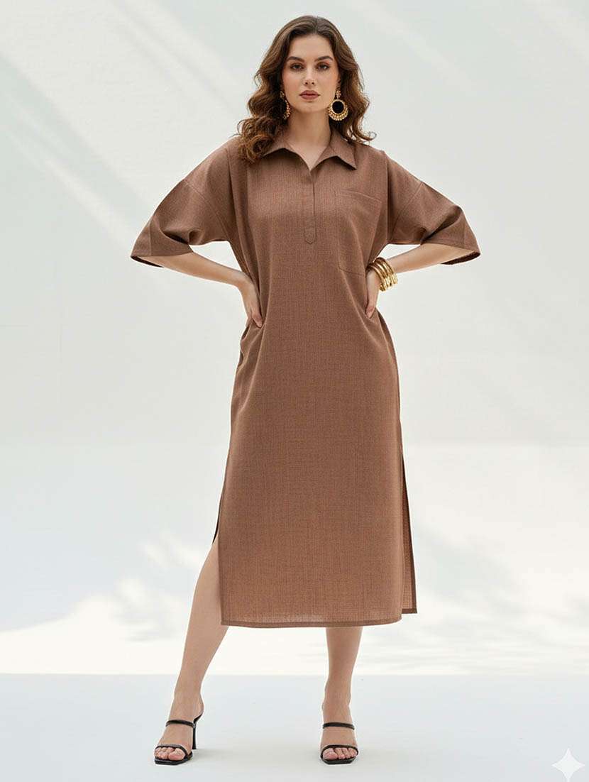 women solid collared shift dress