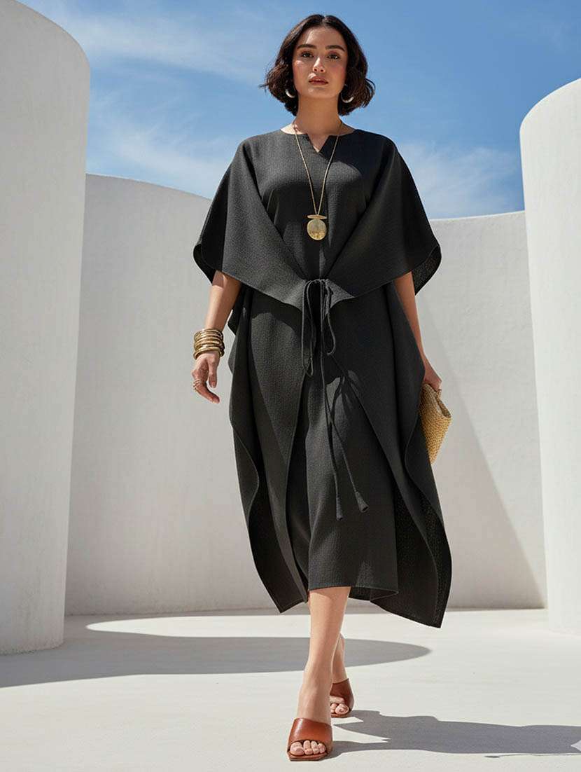 women solid kimono sleeve kaftan dress